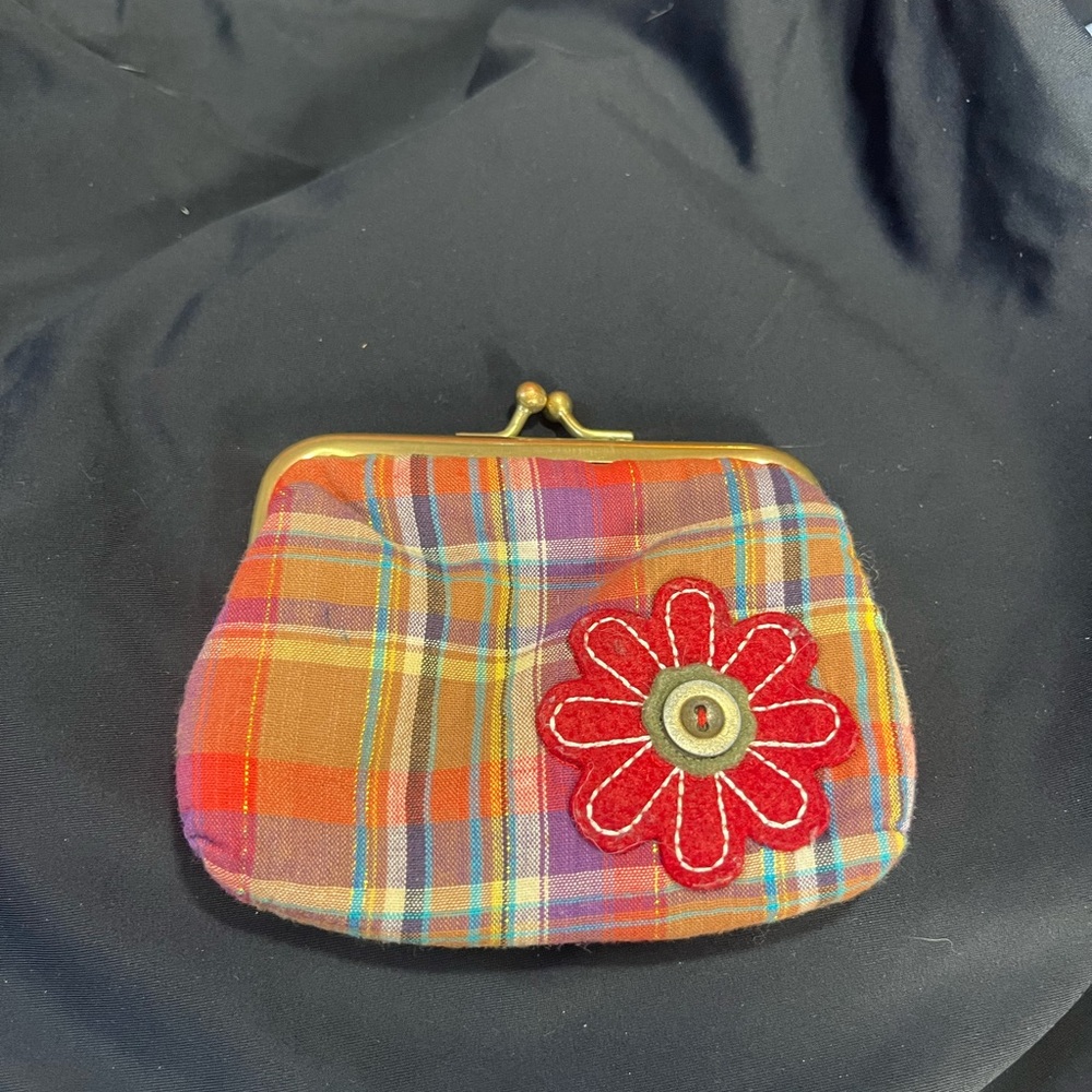 Colorful Plaid Change Purse with Red Floral Detail